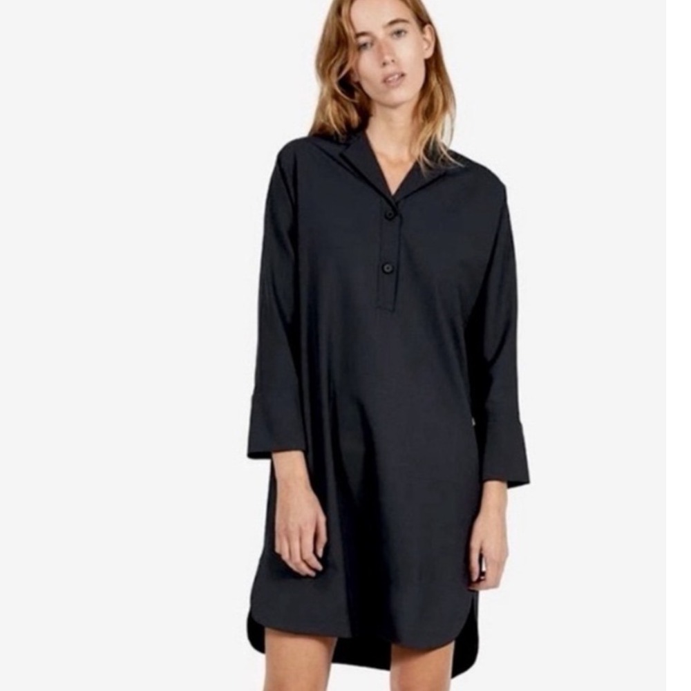 Everlane Artist Smock Wool Spandex Shirt Dress Navy Pockets Tunic‎ M Womens